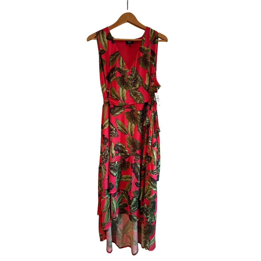 Tacera 3X Tropical Leaf Wrap Dress Pink Green Sleeveless Midi Maxi NWT‎